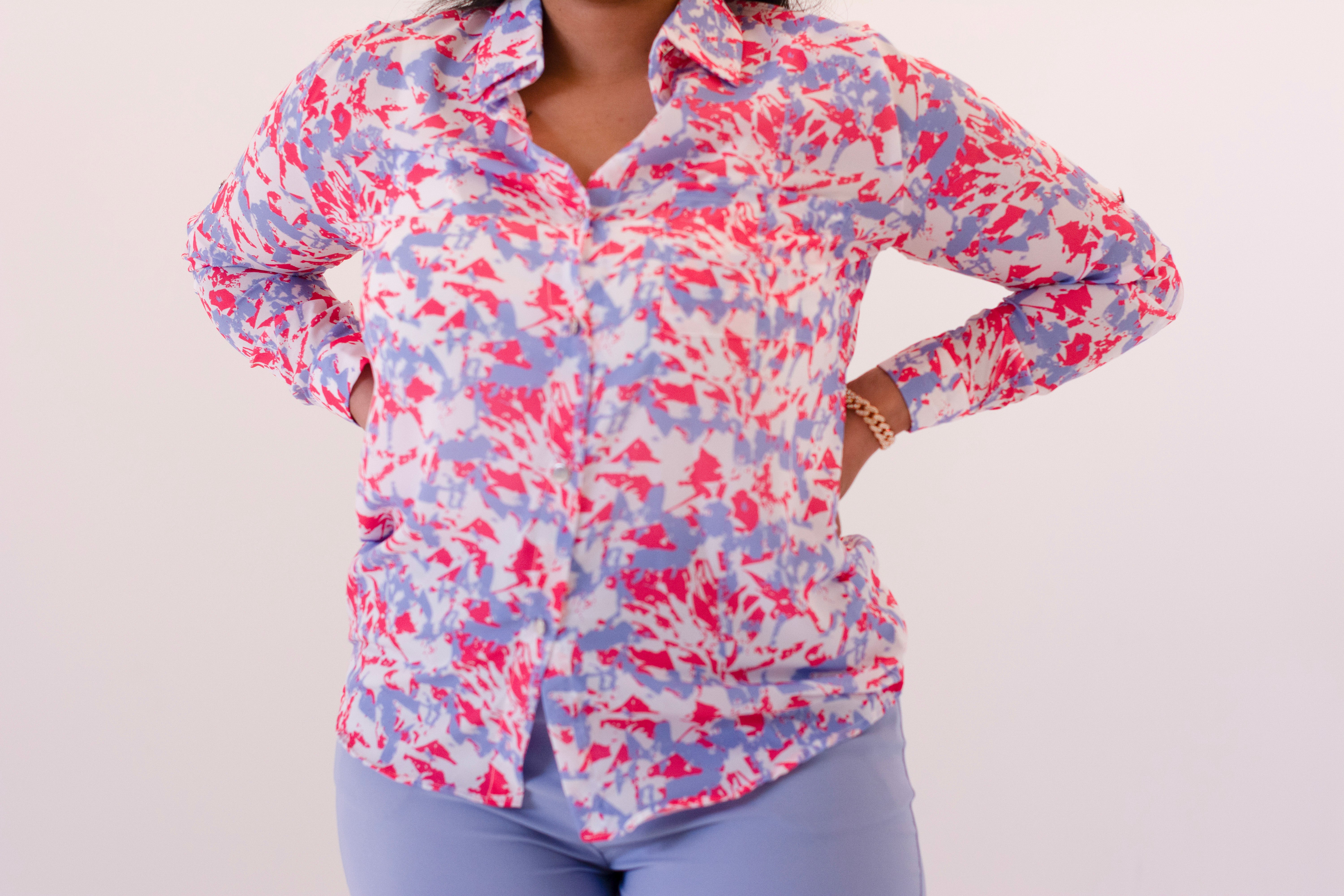 Women's pink and blue button up blouse with long sleeves