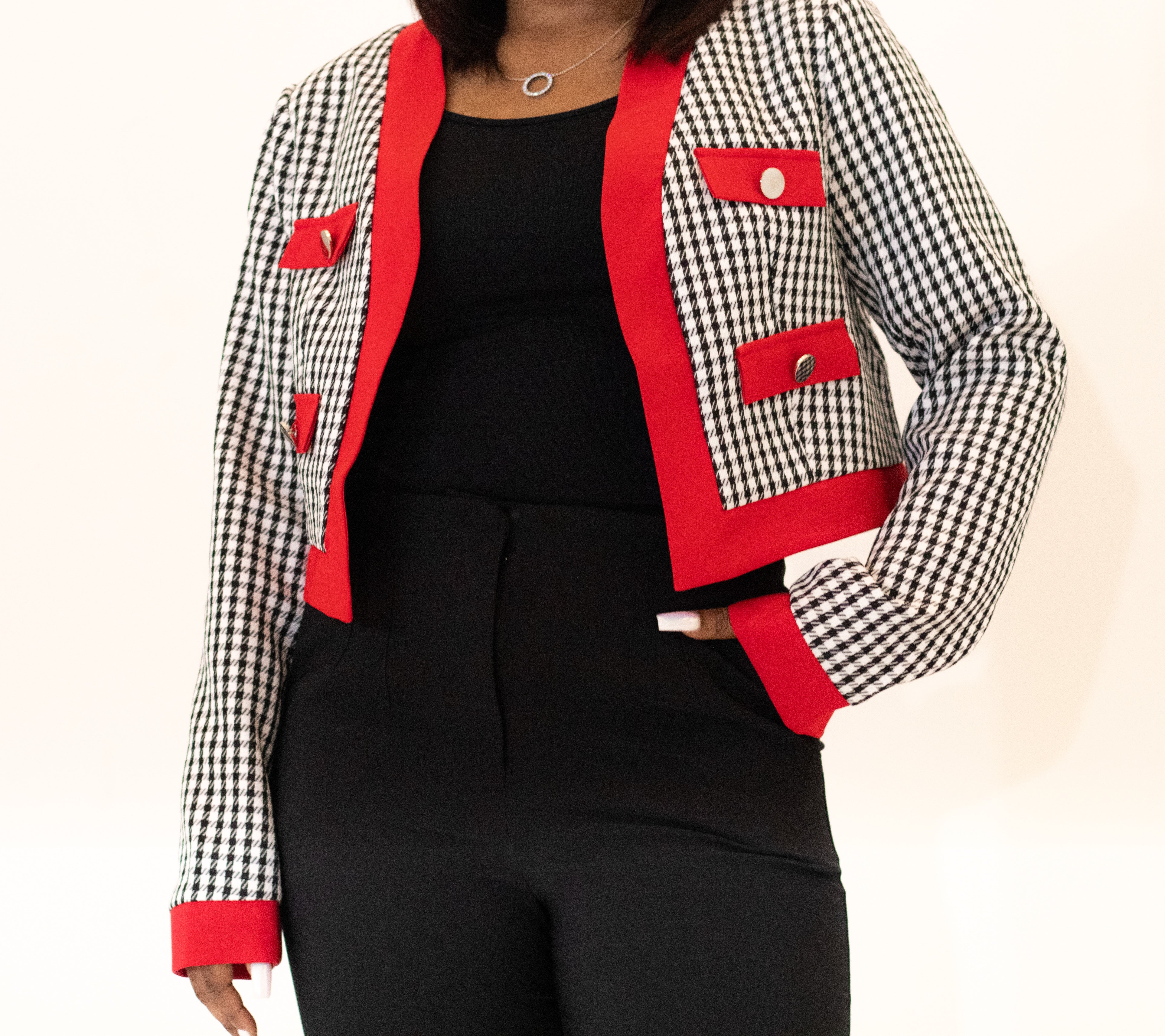 Women's red, white and black checkered jacket/ blazer