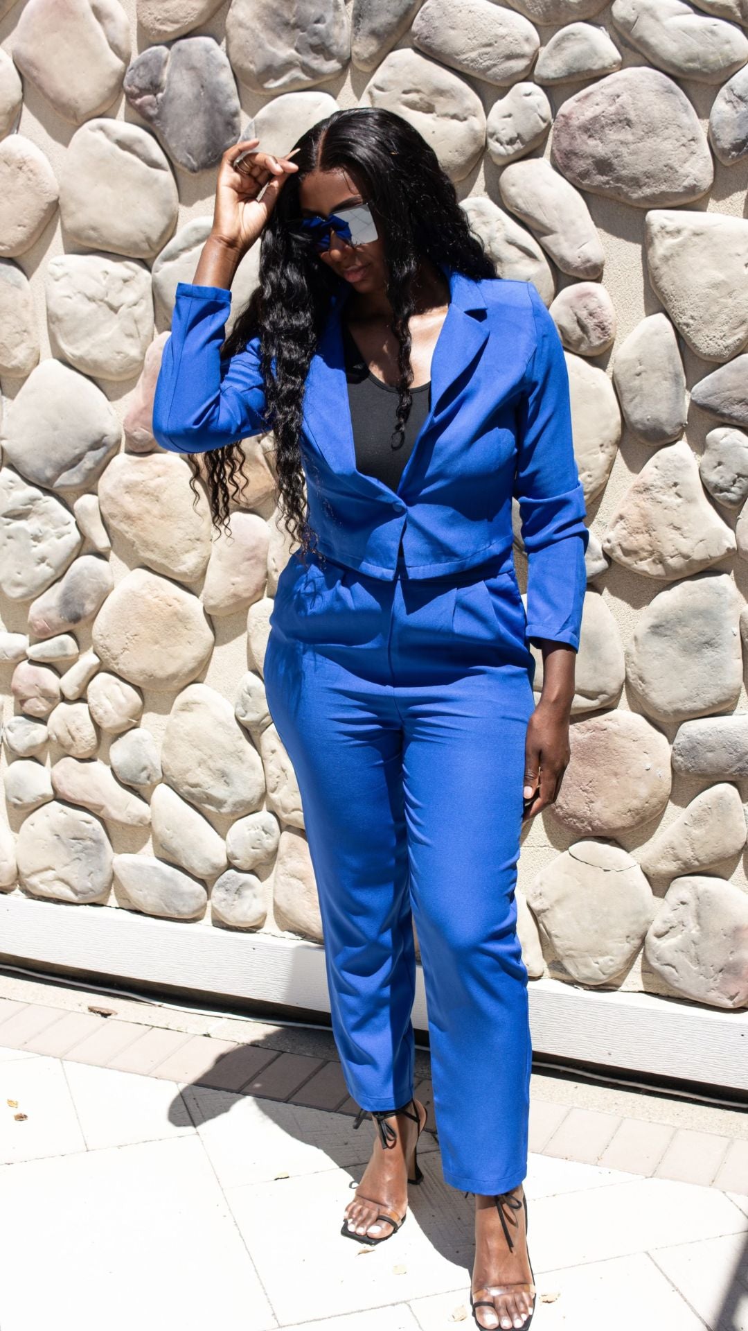 Blue women's suit, tailored pants and blazer
